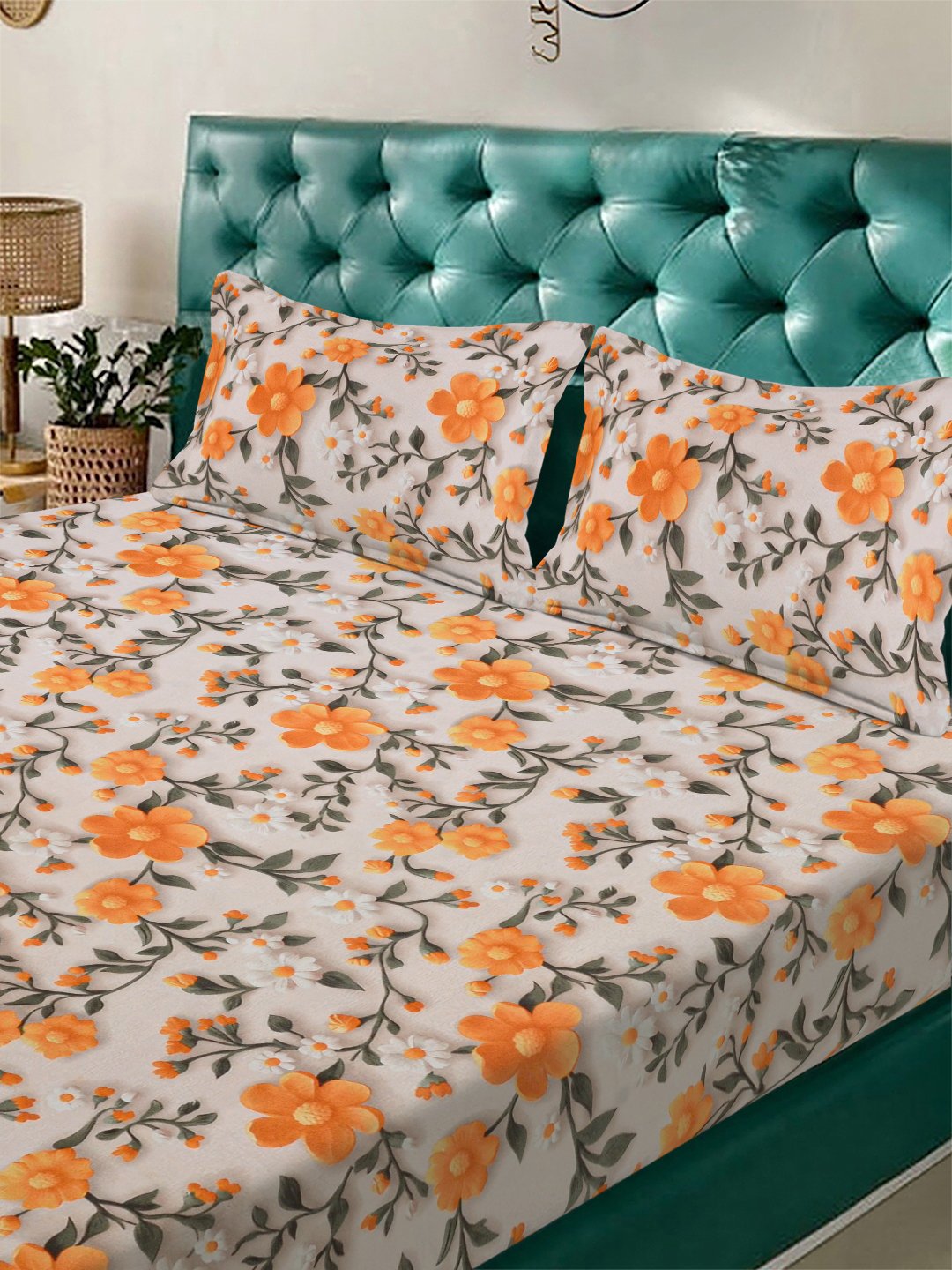 Cream Floral 7D King Size Cotton Blend Fitted Double Bedsheet with 2 Pillow Covers