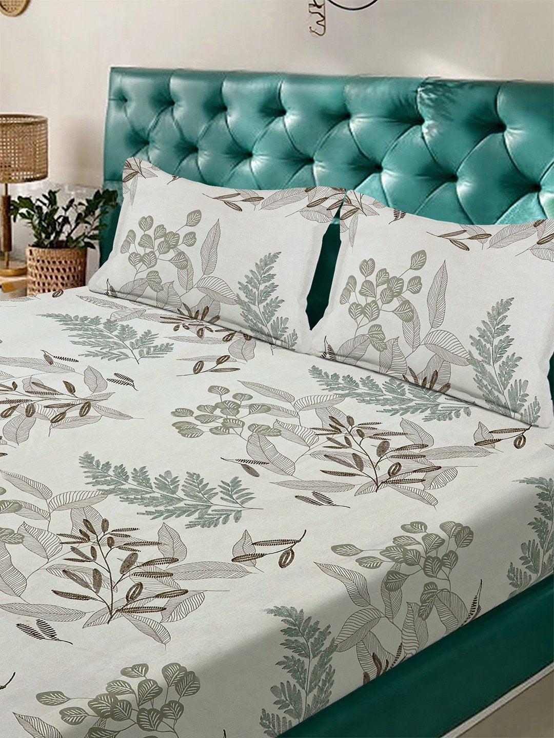 Cream Floral 300 TC Cotton Blend Double Bedsheet with 2 Pillow Covers