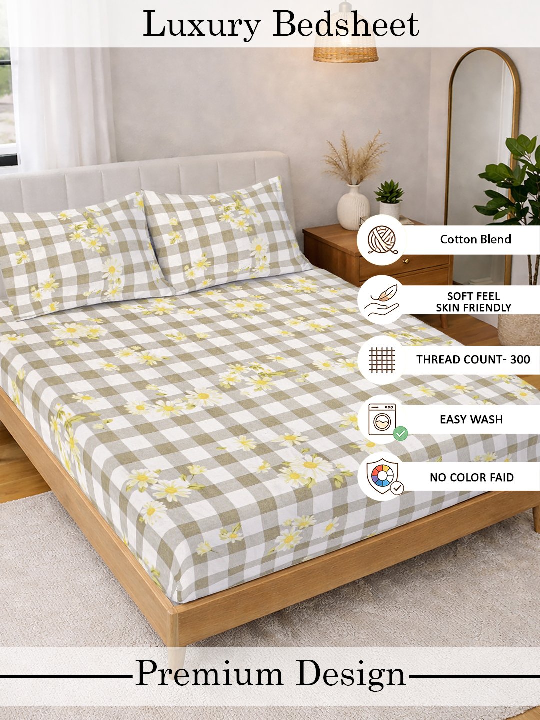 Beige Floral Cotton Blend Fitted Double Bedsheet with 2 Pillow Covers
