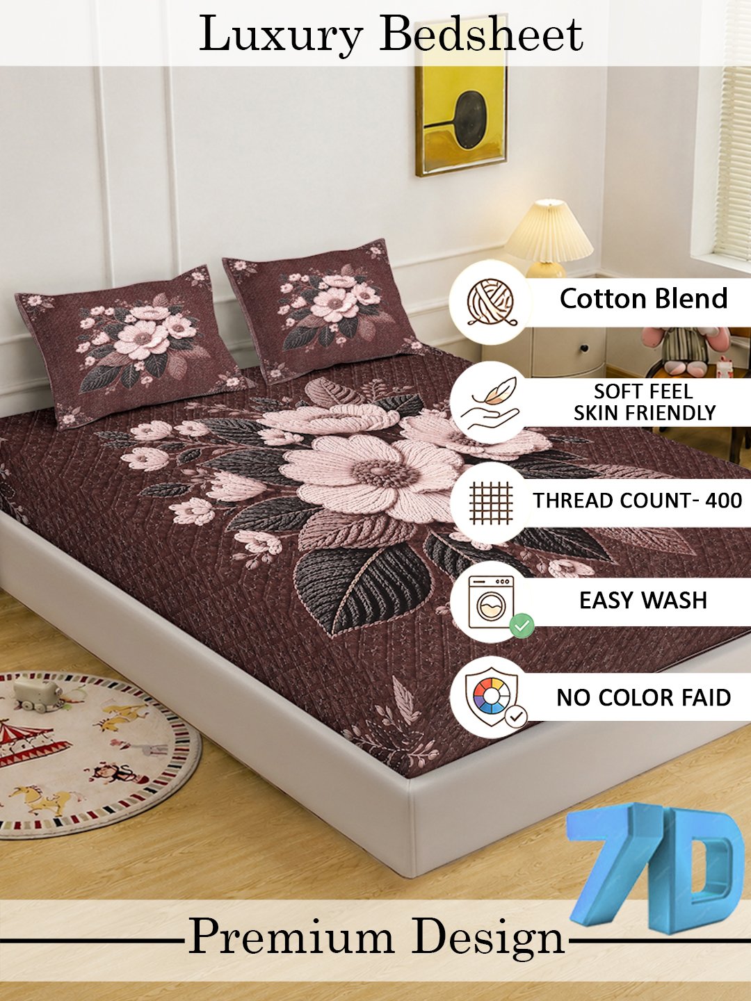 Digital Printed Brown Floral Cotton Blend Double Bedsheet with 2 Pillow Covers