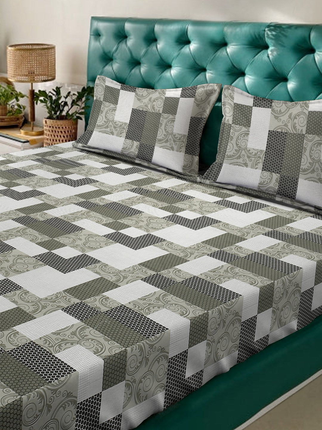 Olive Geometric 400 TC Pure Cotton Fitted Double Bedsheet with 2 Pillow Covers