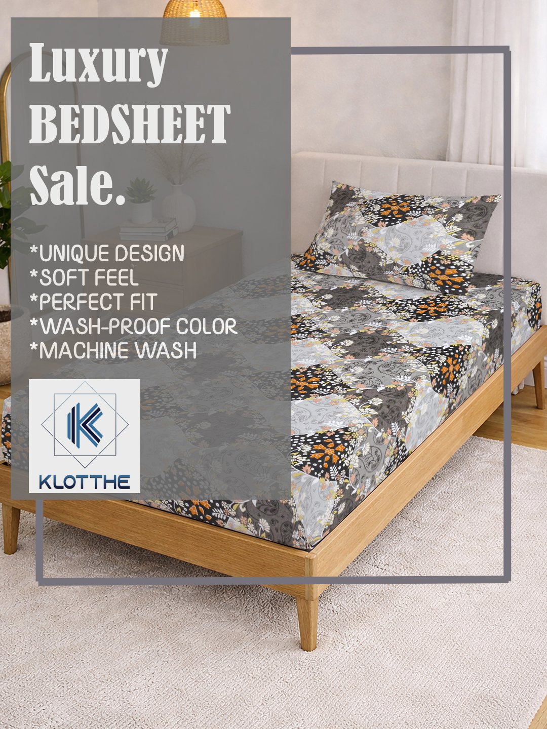 Grey Floral Cotton Blend Single Bedsheet with Pillow Cover
