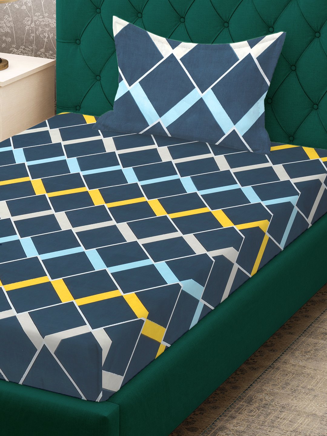 Blue Geometric 300 TC Cotton Blend Fitted Single Bedsheet in Book Fold Packing