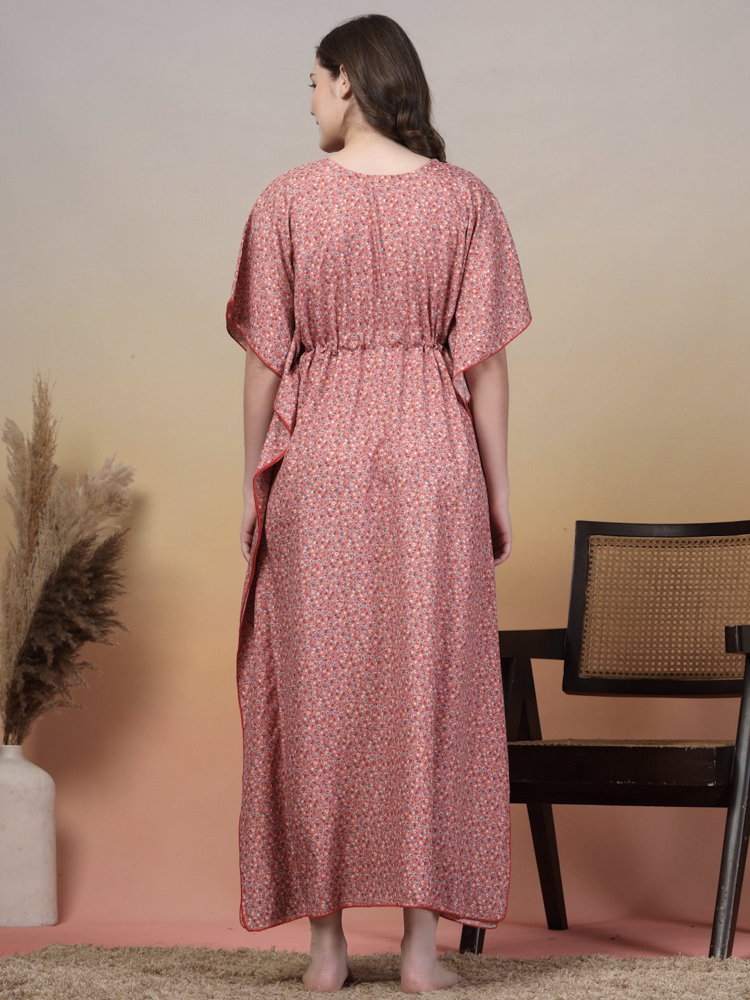 Red Floral Cotton Blend Kaftan Maxi Nightdress