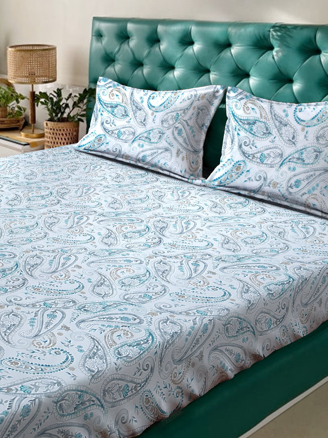 Blue Floral 400 TC Pure Cotton Fitted Double Bedsheet with 2 Pillow Covers