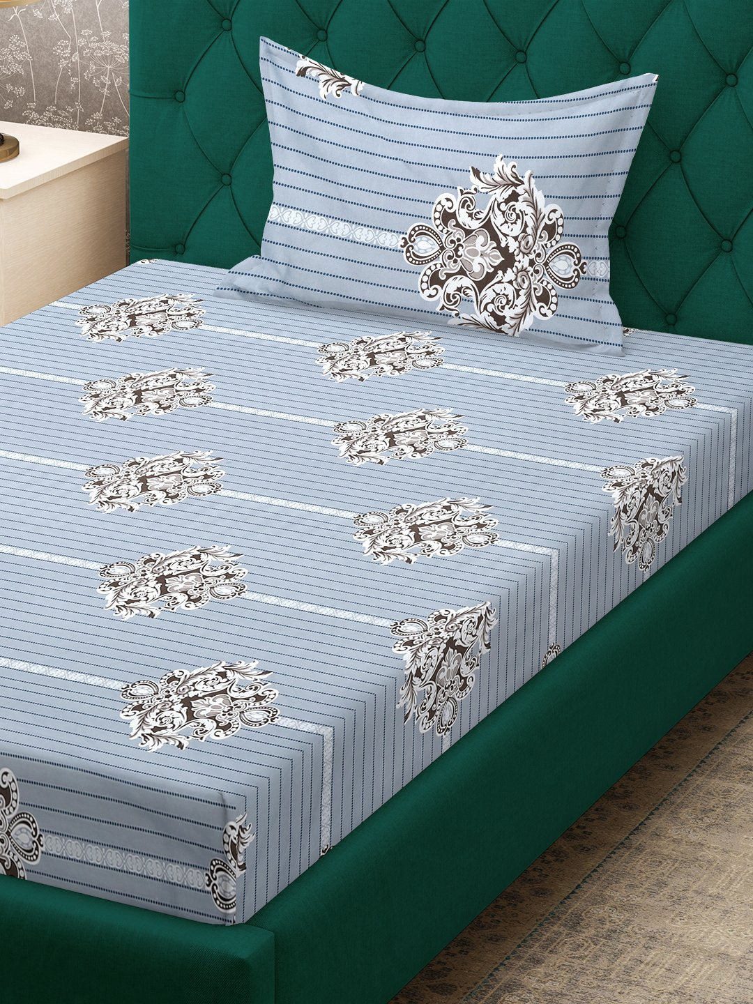 Grey Ethnic Motifs 300 TC Cotton Blend Fitted Single Bedsheet Set in Book Fold Packing