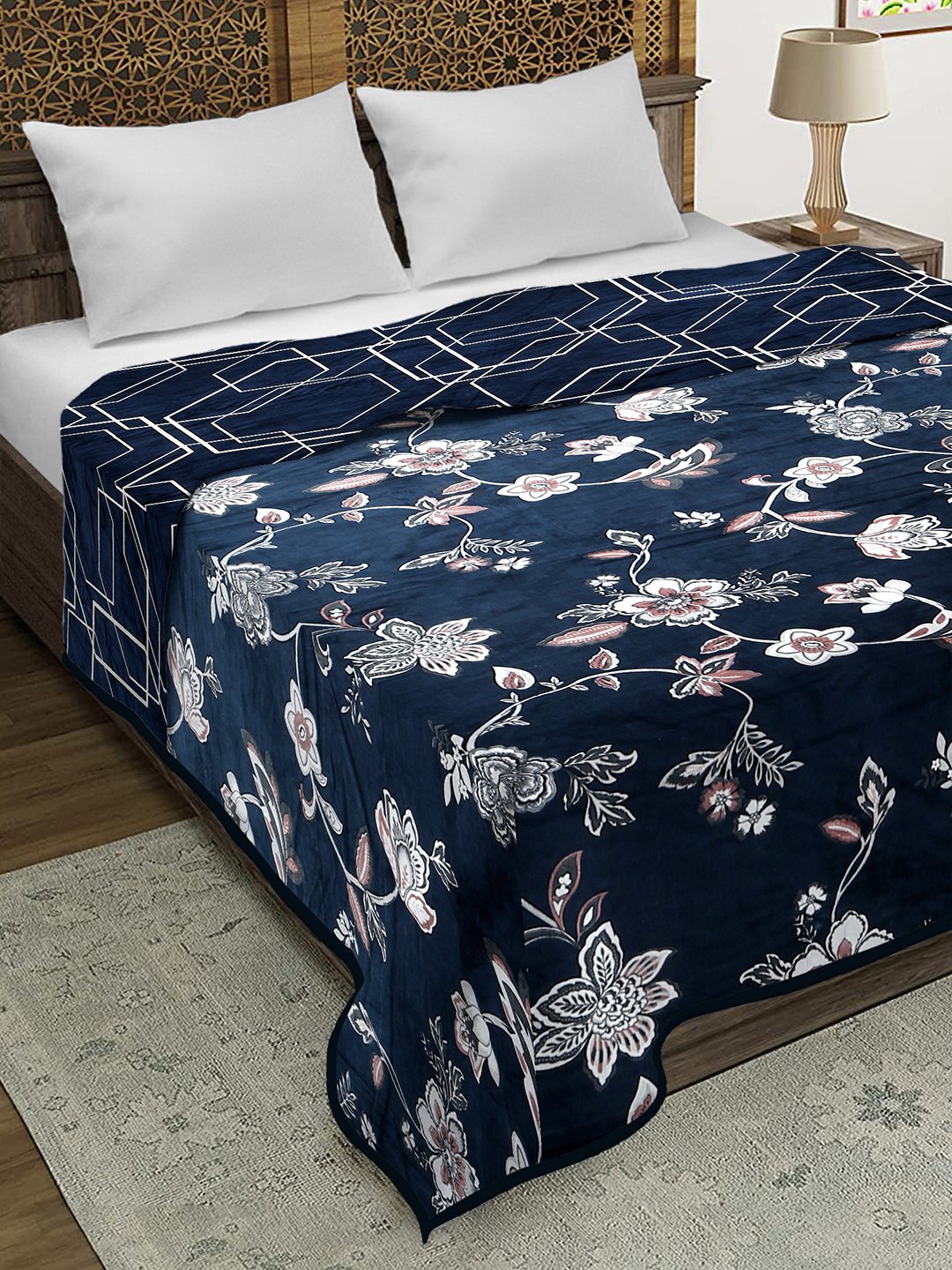 Blue Woolen Floral Double Bed Dohar