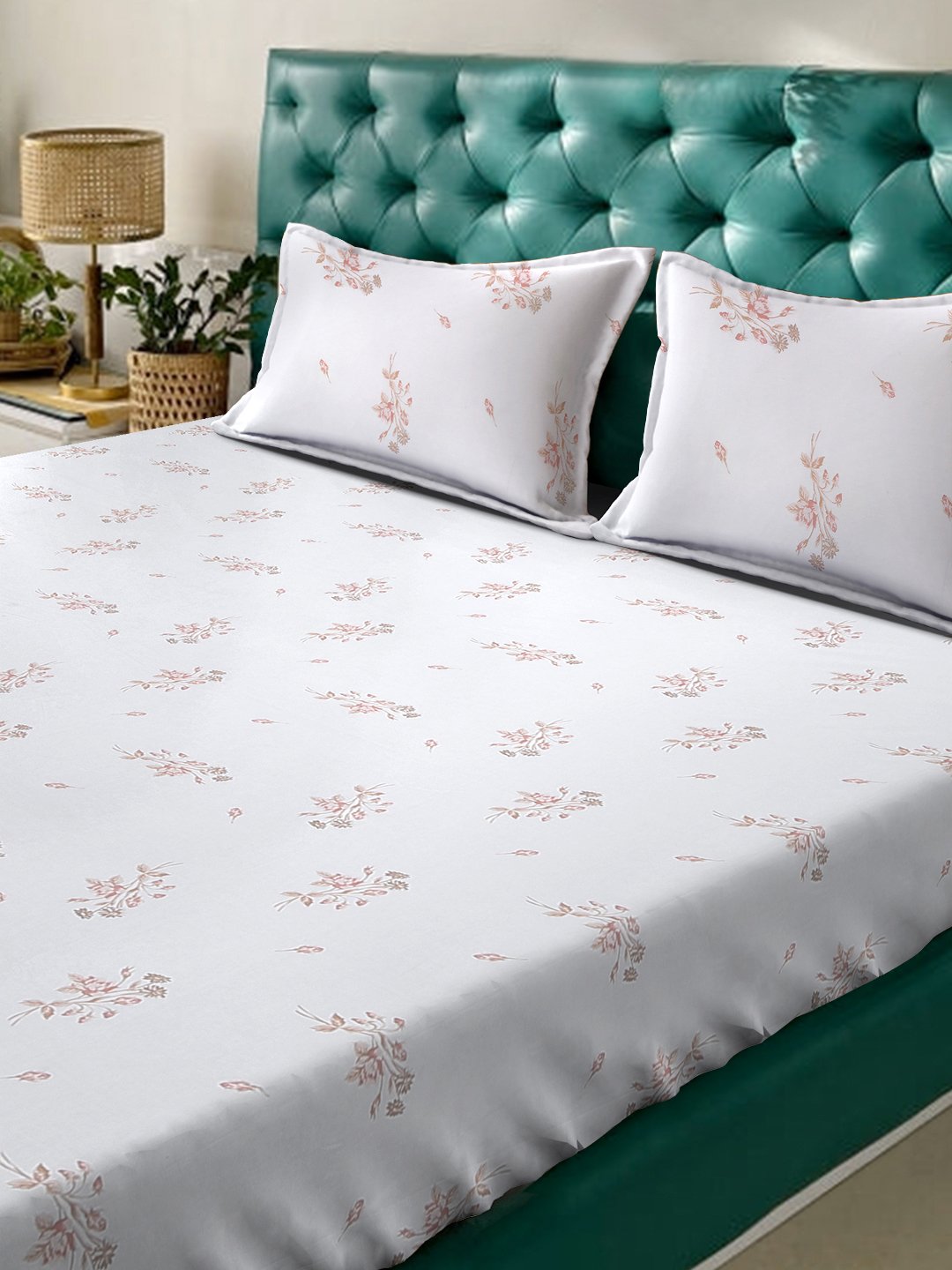 White Floral 400 TC Pure Cotton Super King Double Bedsheet with 2 Pillow Covers