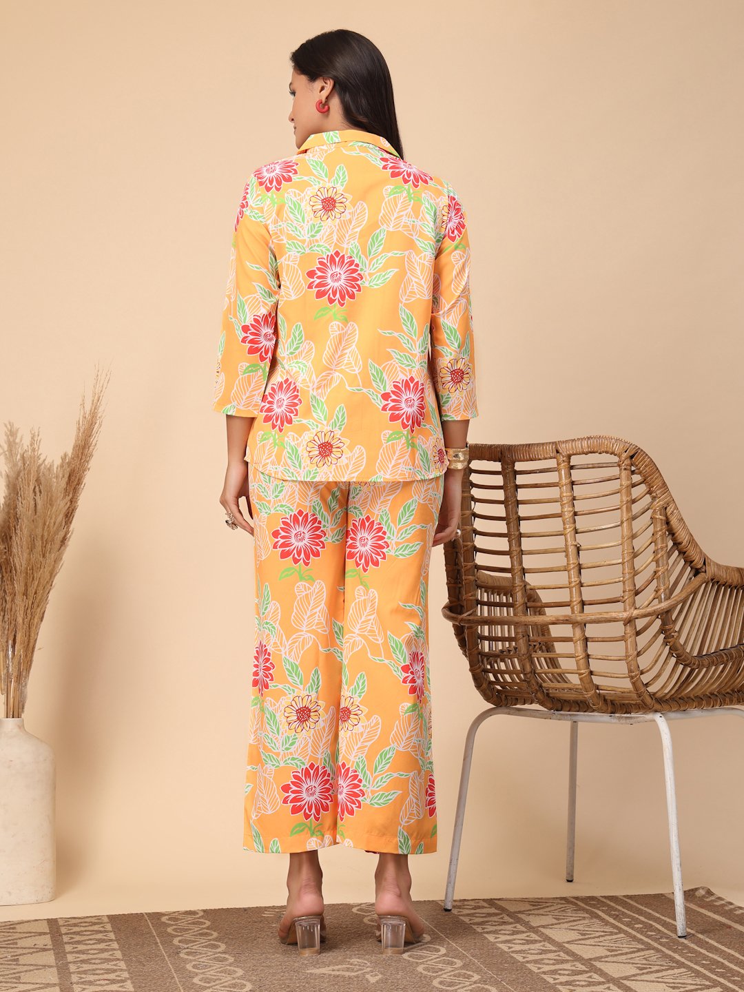 Yellow Cotton Printed Shirt With Trousers Co-Ords Set