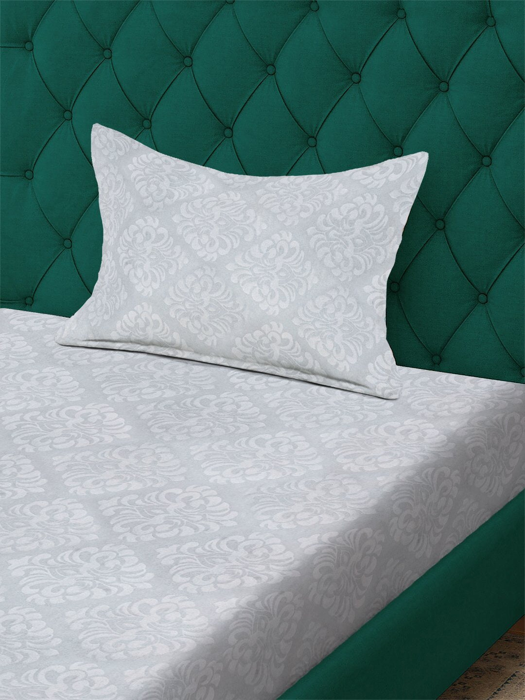 Grey Floral Embossed Cotton Blend Single Bedsheet with Pillow Cover