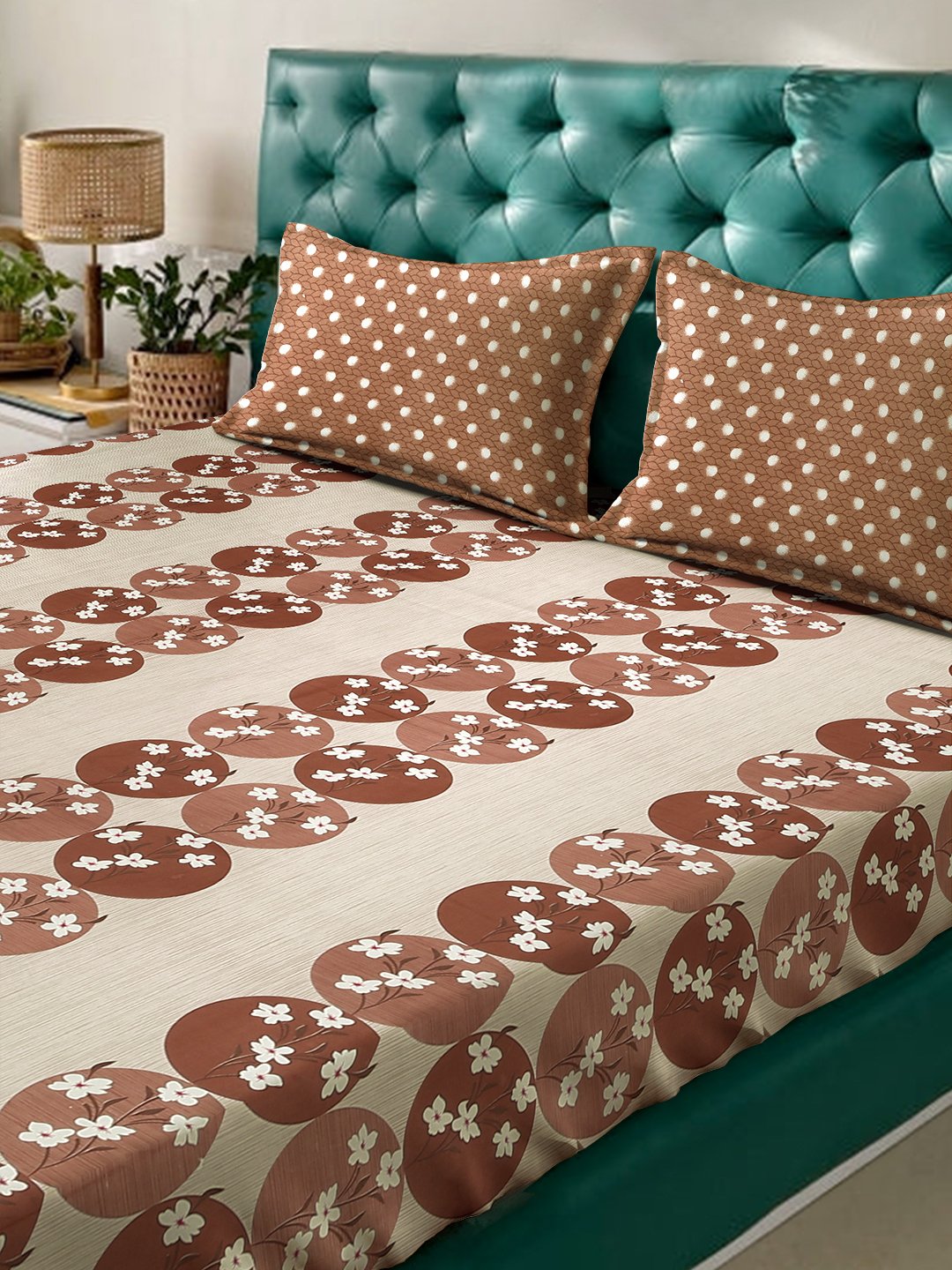 Brown Floral 400 TC Pure Cotton Fitted Double Bedsheet with 2 Pillow Covers