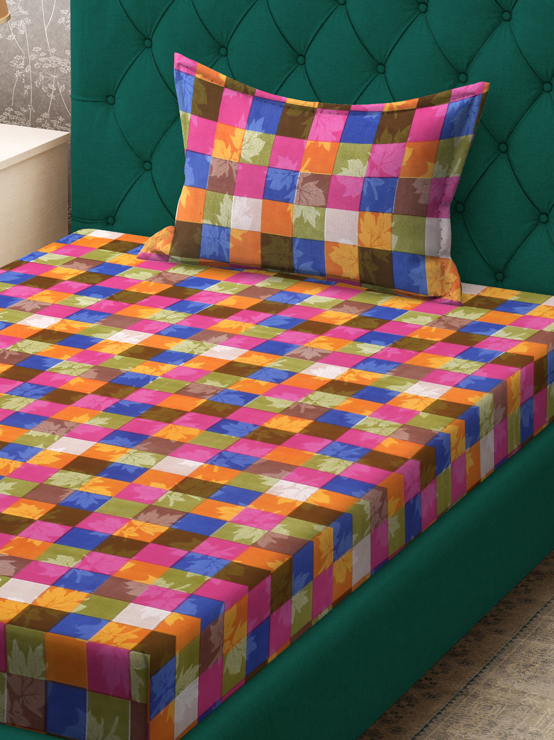 Klotthe Multicolor Geometric 300 TC Cotton Blend Fitted Single Bedsheet with Pillow Cover