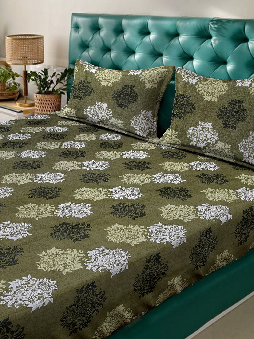 Olive Floral 400 TC Pure Cotton Fitted Double Bedsheet with 2 Pillow Covers