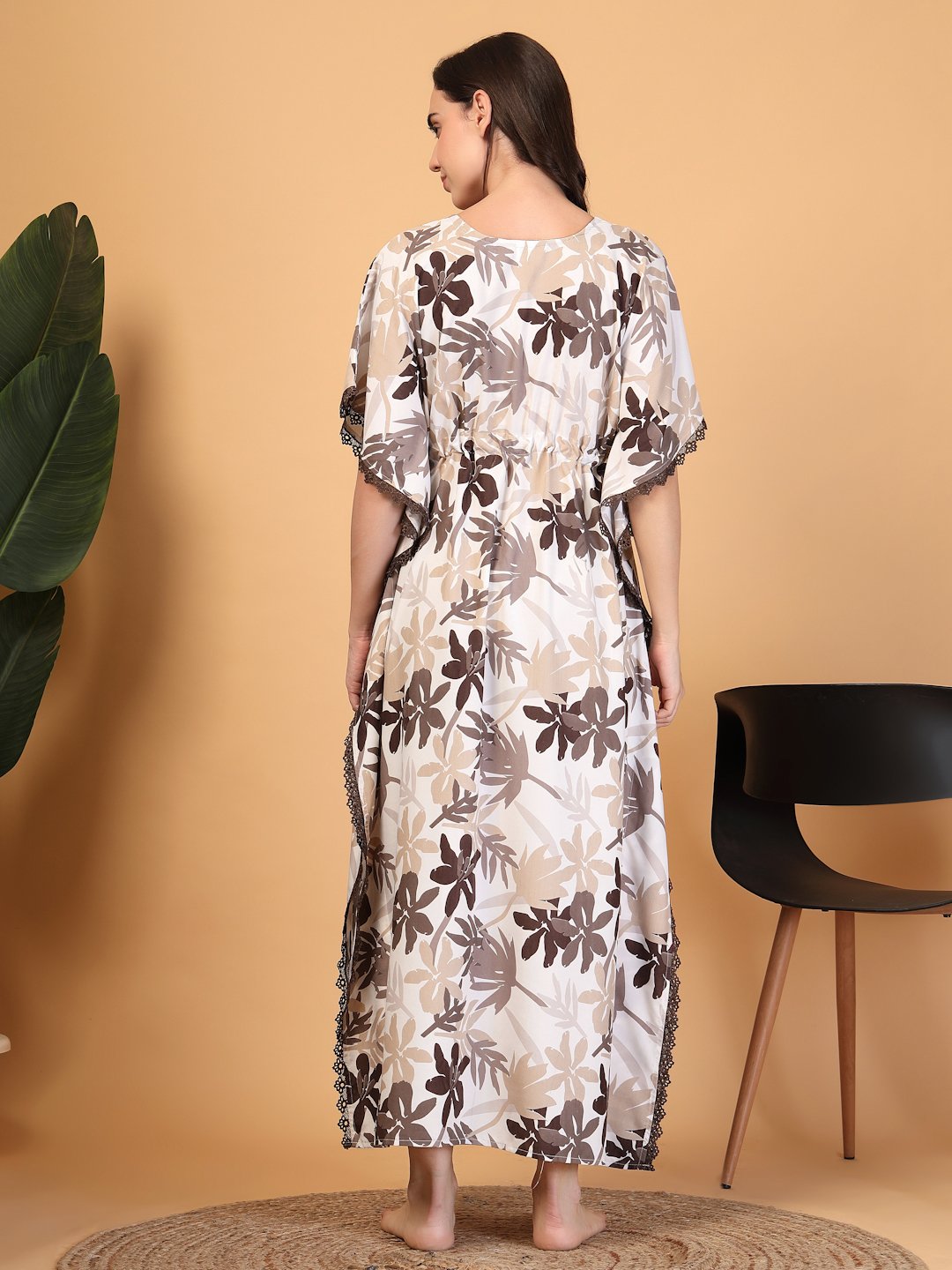 Brown Floral Cotton Blend Kaftan Maxi Nightdress