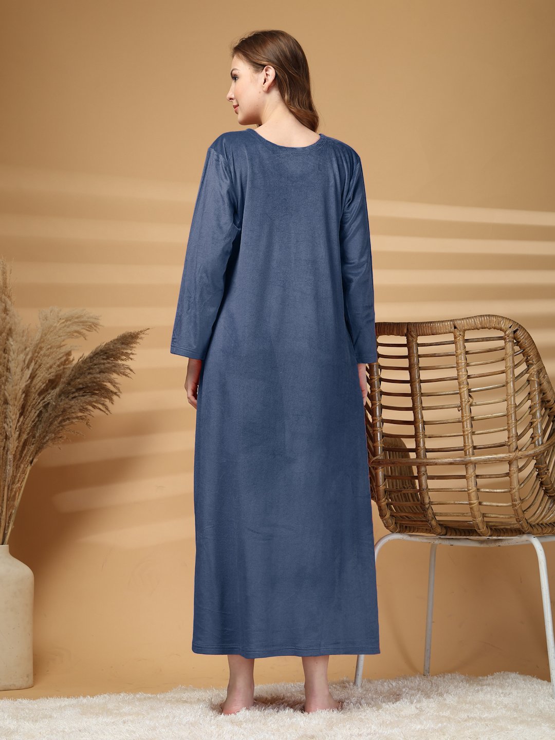 Klotthe Blue Solid Soft touch Velvet Maxi Nightdress