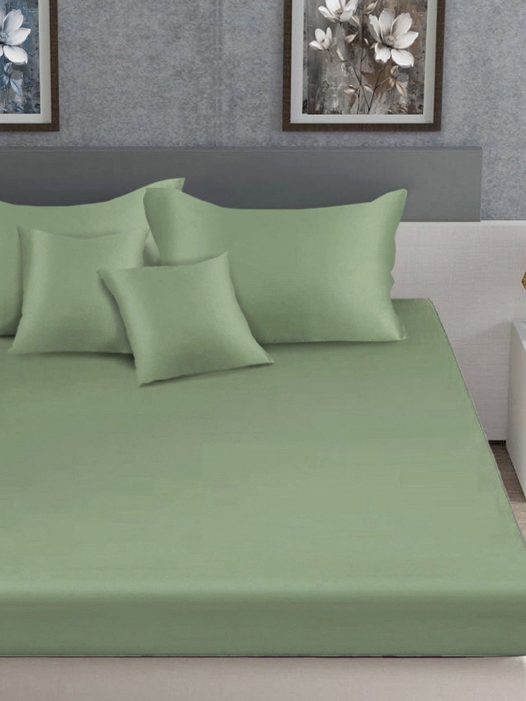 Olive Solid 400 TC Satin Fitted Super King Double Bedsheet with 2 Pillow Covers & 2 Cushion Covers