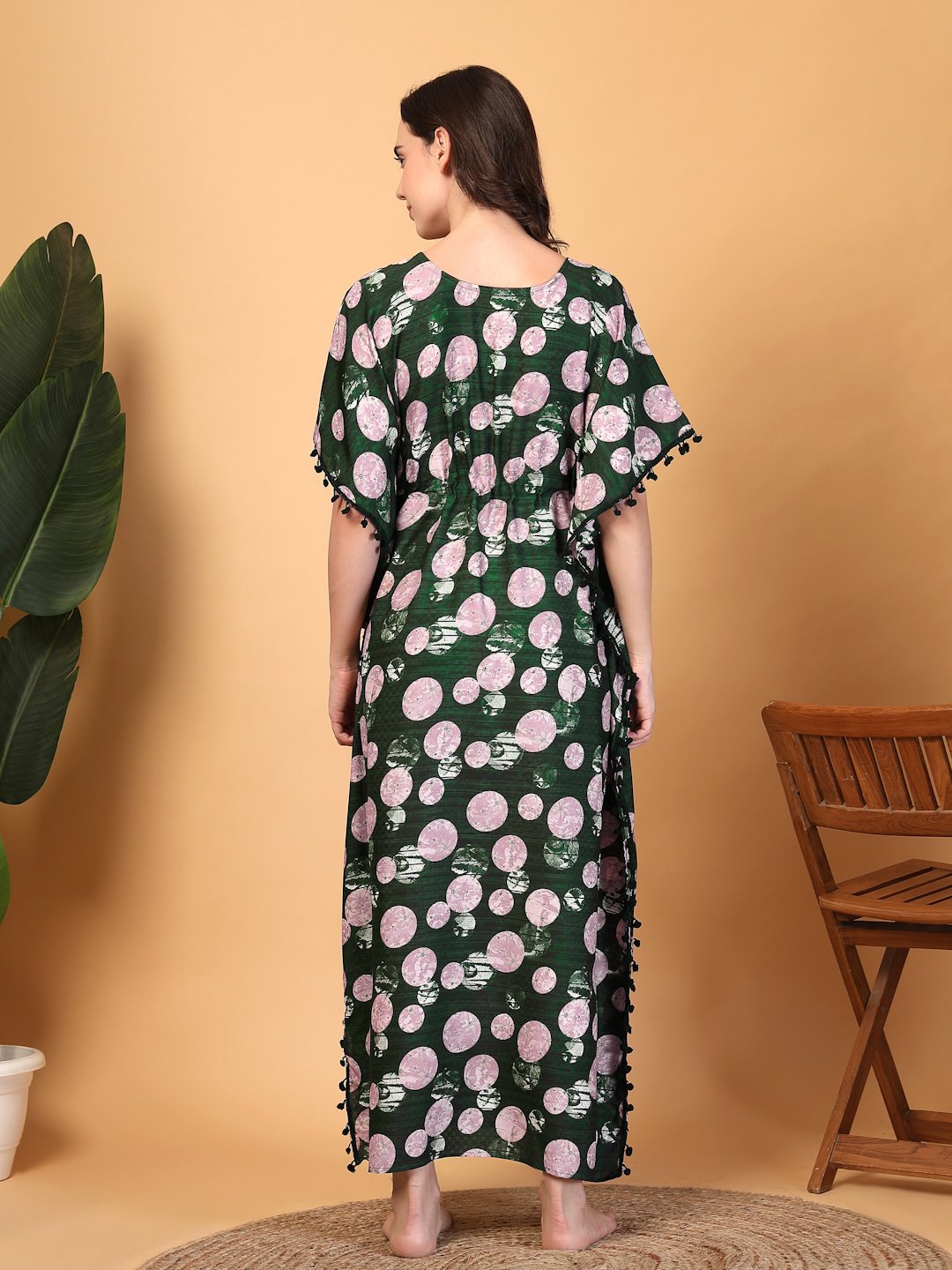 Green Floral Cotton Blend Kaftan Maxi Nightdress