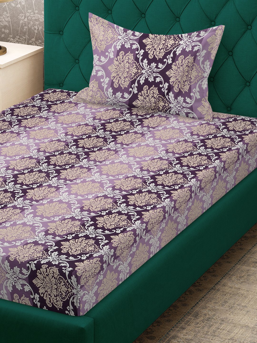 Purple Floral 300 TC Cotton Blend Fitted Single Bedsheet Set in Book Fold Packing