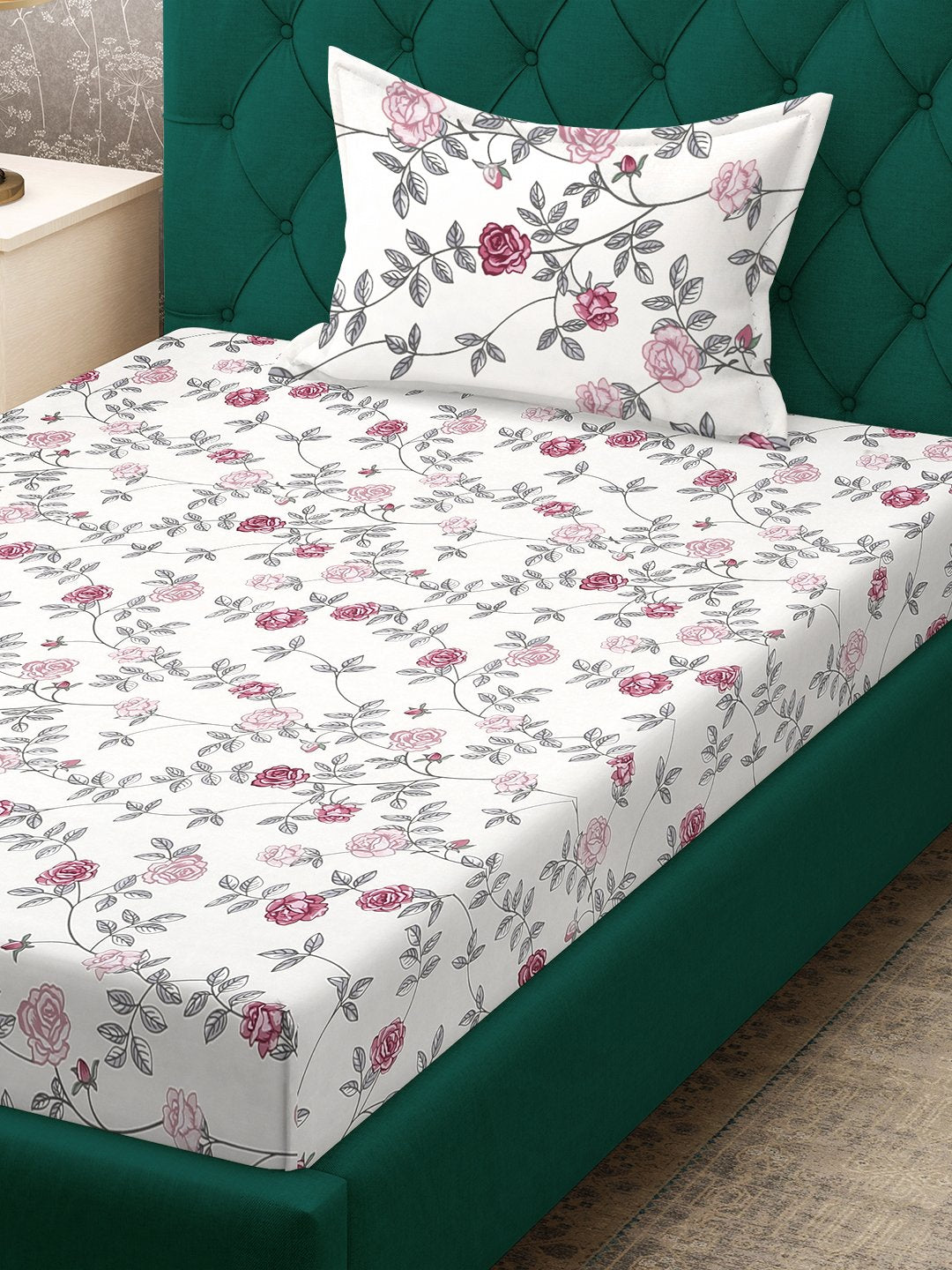 Cream Floral 300 TC Cotton Blend Fitted Single Bedsheet Set in Book Fold Packing