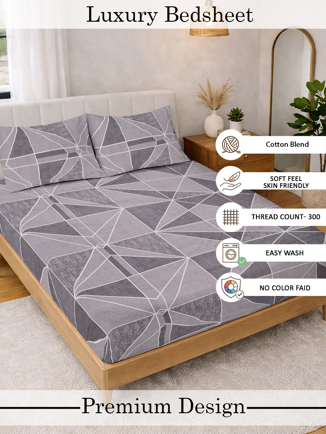 Purple Geometric Cotton Blend Fitted Double Bedsheet with 2 Pillow Covers