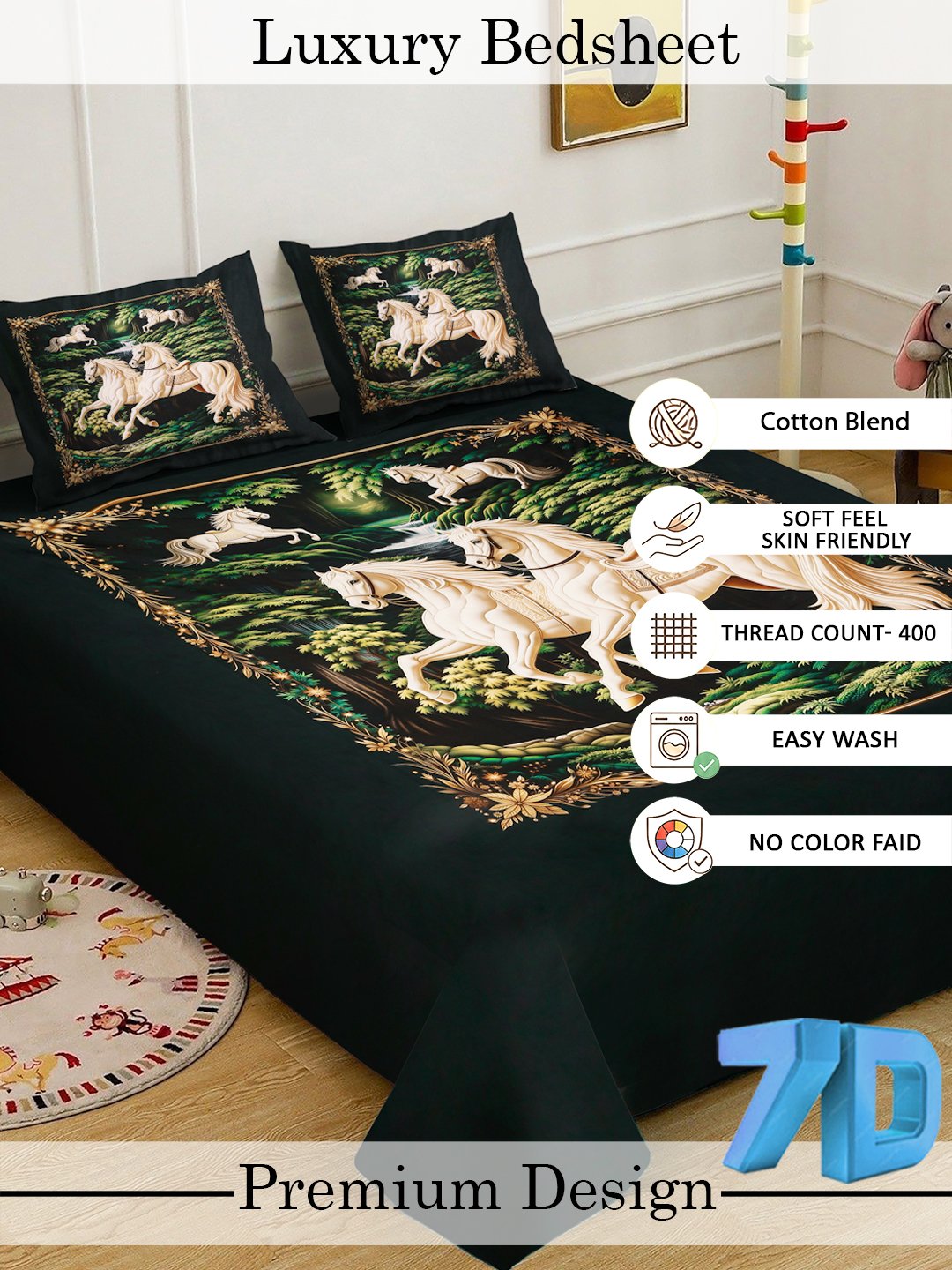 Green Digital Animal Printed Cotton Blend Fitted Double Bedsheet with 2 Pillow Covers