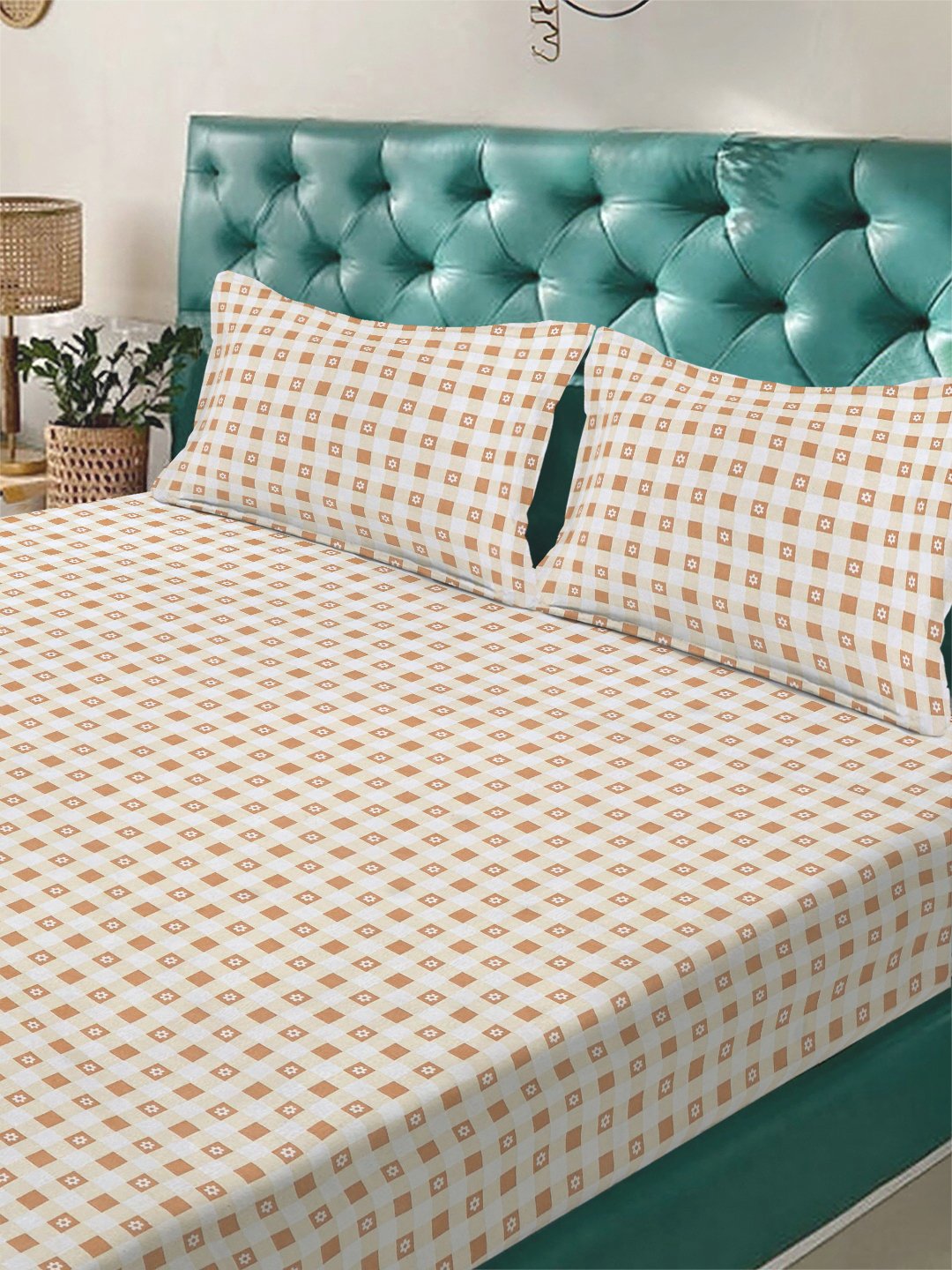 Beige Geometric 300 TC Cotton Blend Double Bedsheet with 2 Pillow Covers