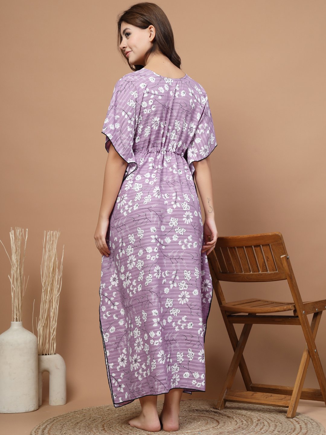 Pink Floral Cotton Blend Kaftan Maxi Nightdress