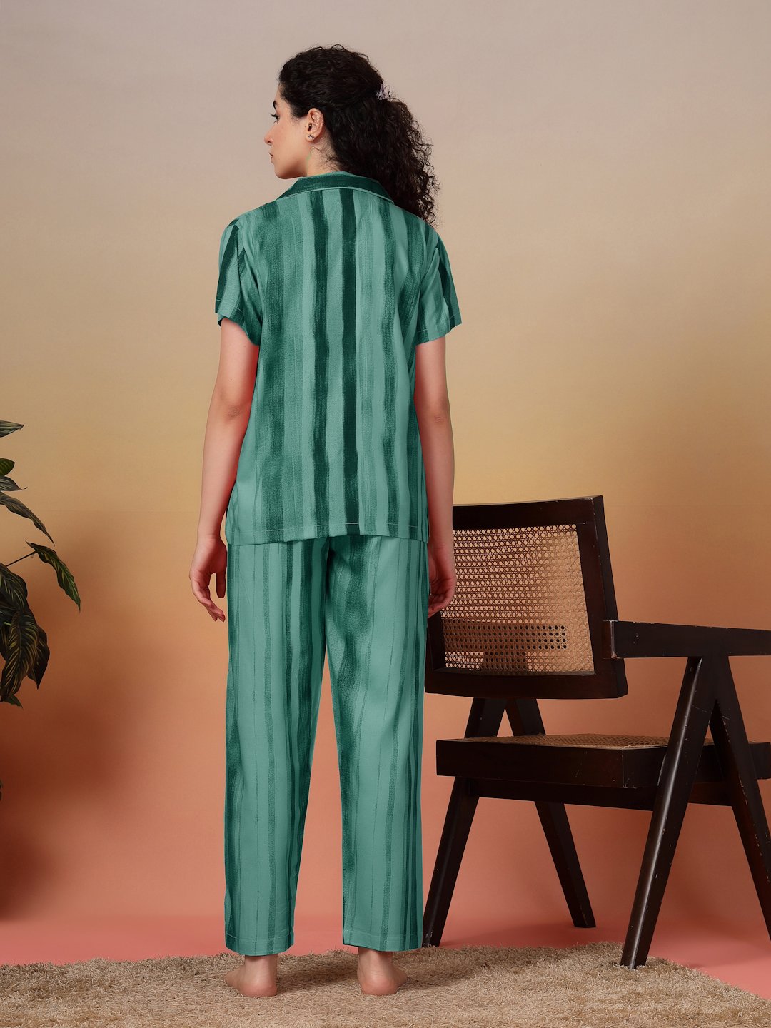 Women Green Striped Pure Cotton Night Suit