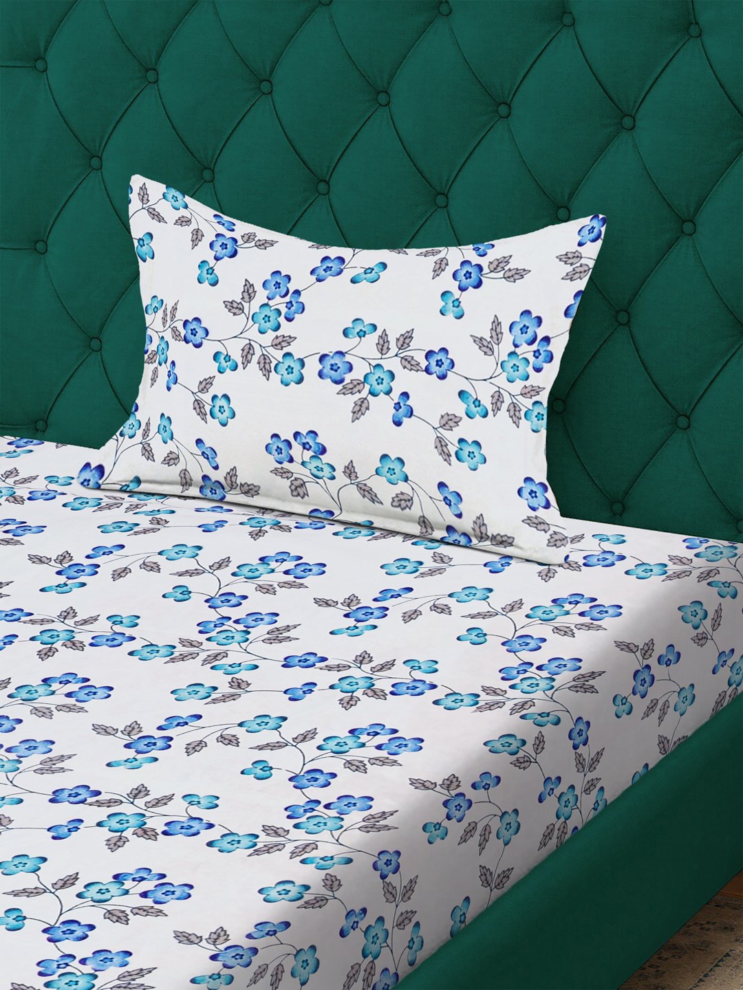 White Floral 300 TC Cotton Blend Fitted Single Bedsheet with Pillow Cover