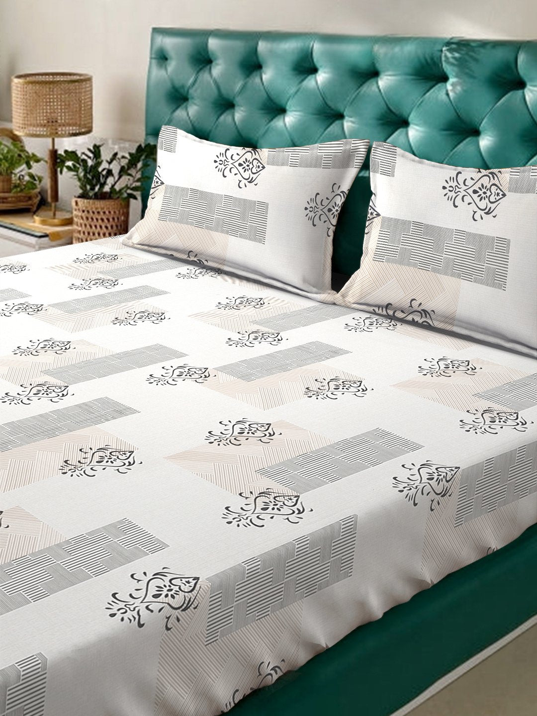 Cream Ethnic Motifs  300 TC Cotton Blend Double Bedsheet in Book Fold Packing