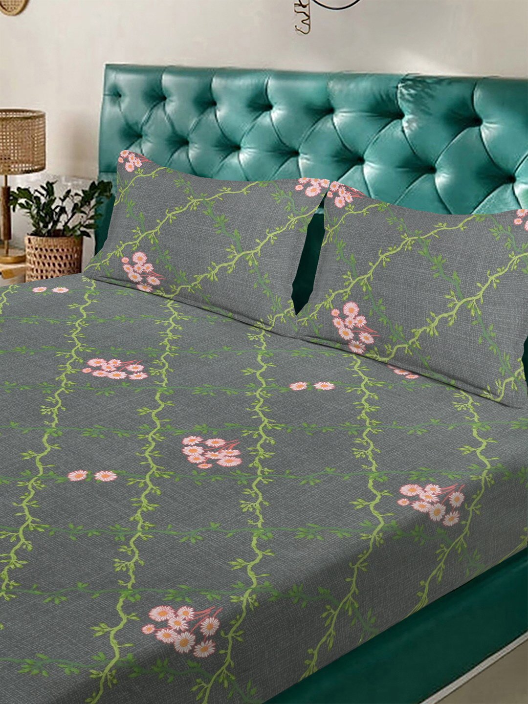 Grey Floral 300 TC Cotton Blend Double Bedsheet with 2 Pillow Covers