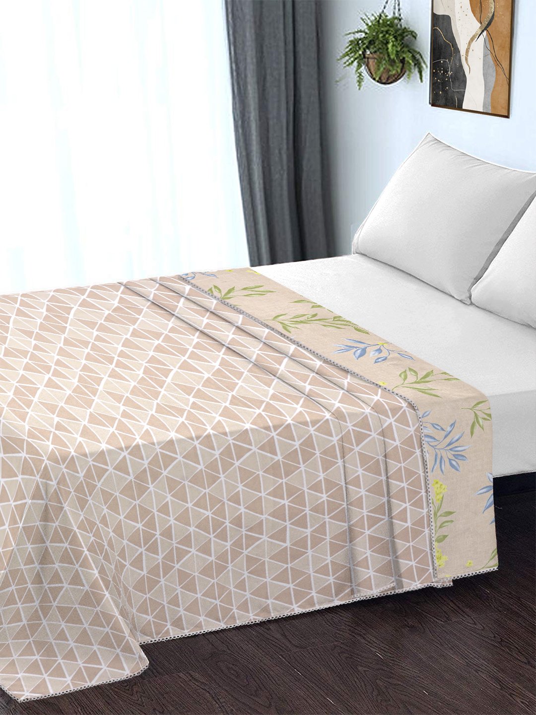 Beige Cotton Blend Floral Double Bed Dohar