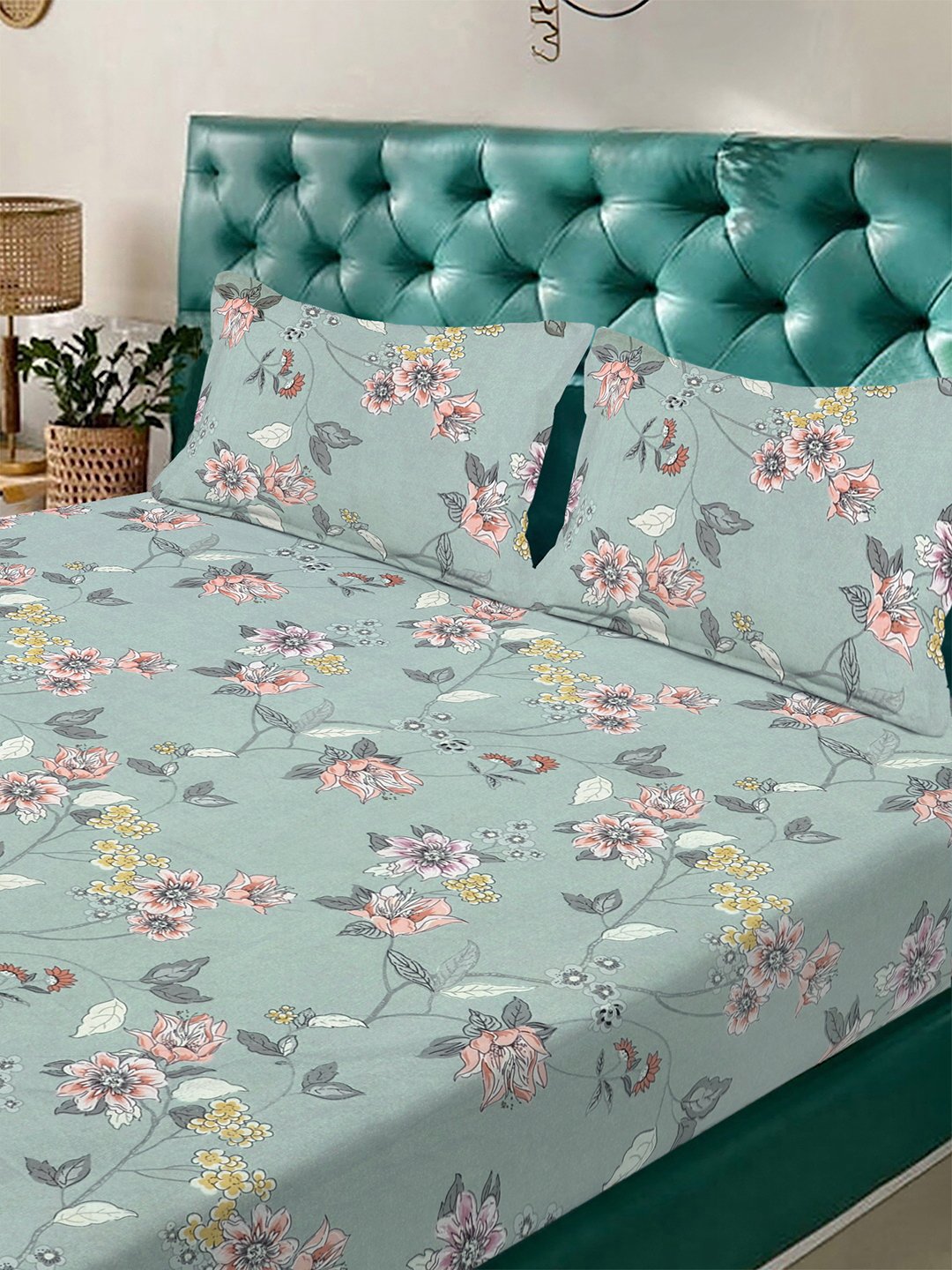 Green Floral 300 TC Cotton Blend Fitted Double Bedsheet with 2 Pillow Covers