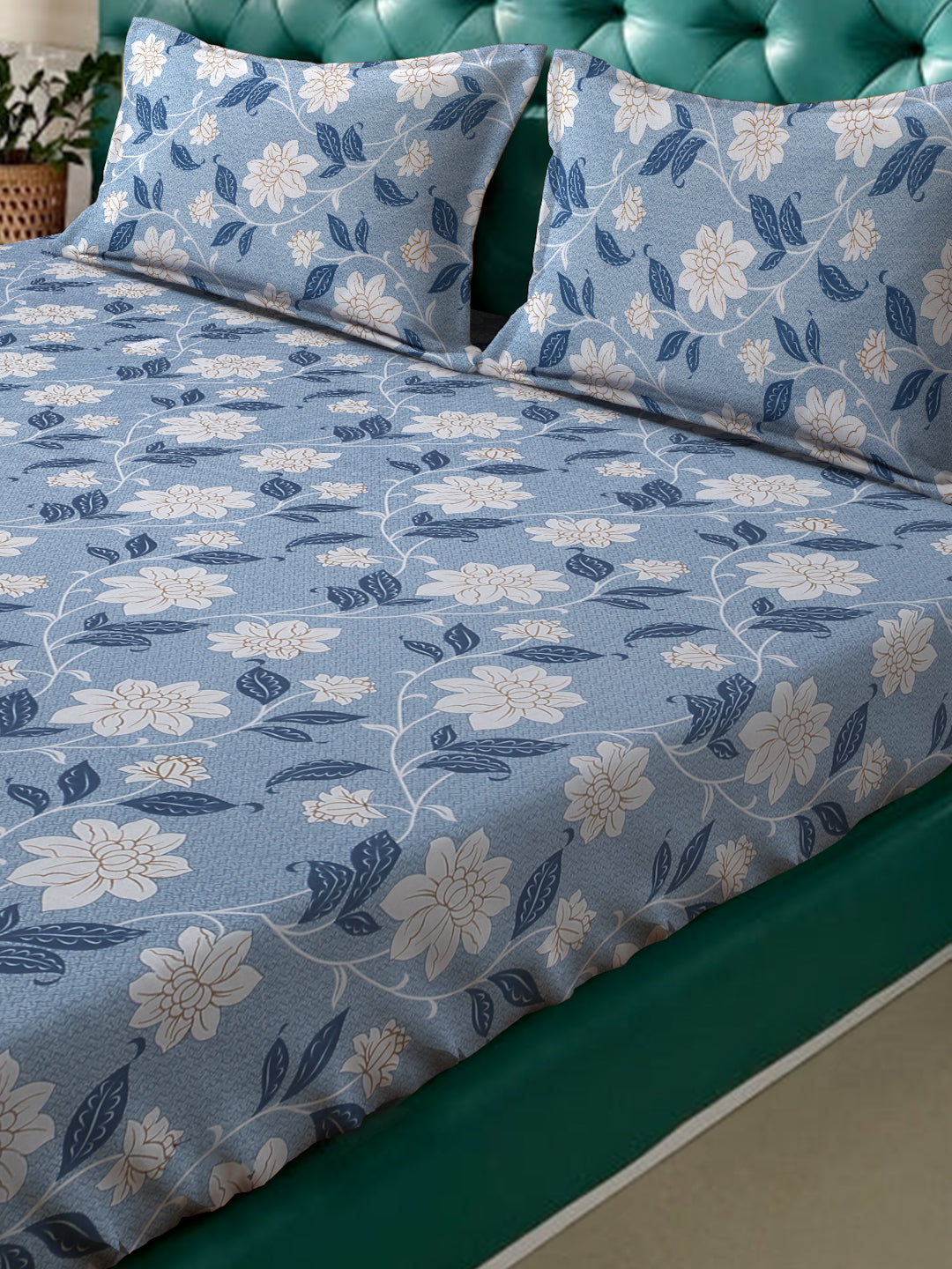 Klotthe Blue Floral 400 TC Pure Cotton Fitted Double Bedsheet with 2 Pillow Covers