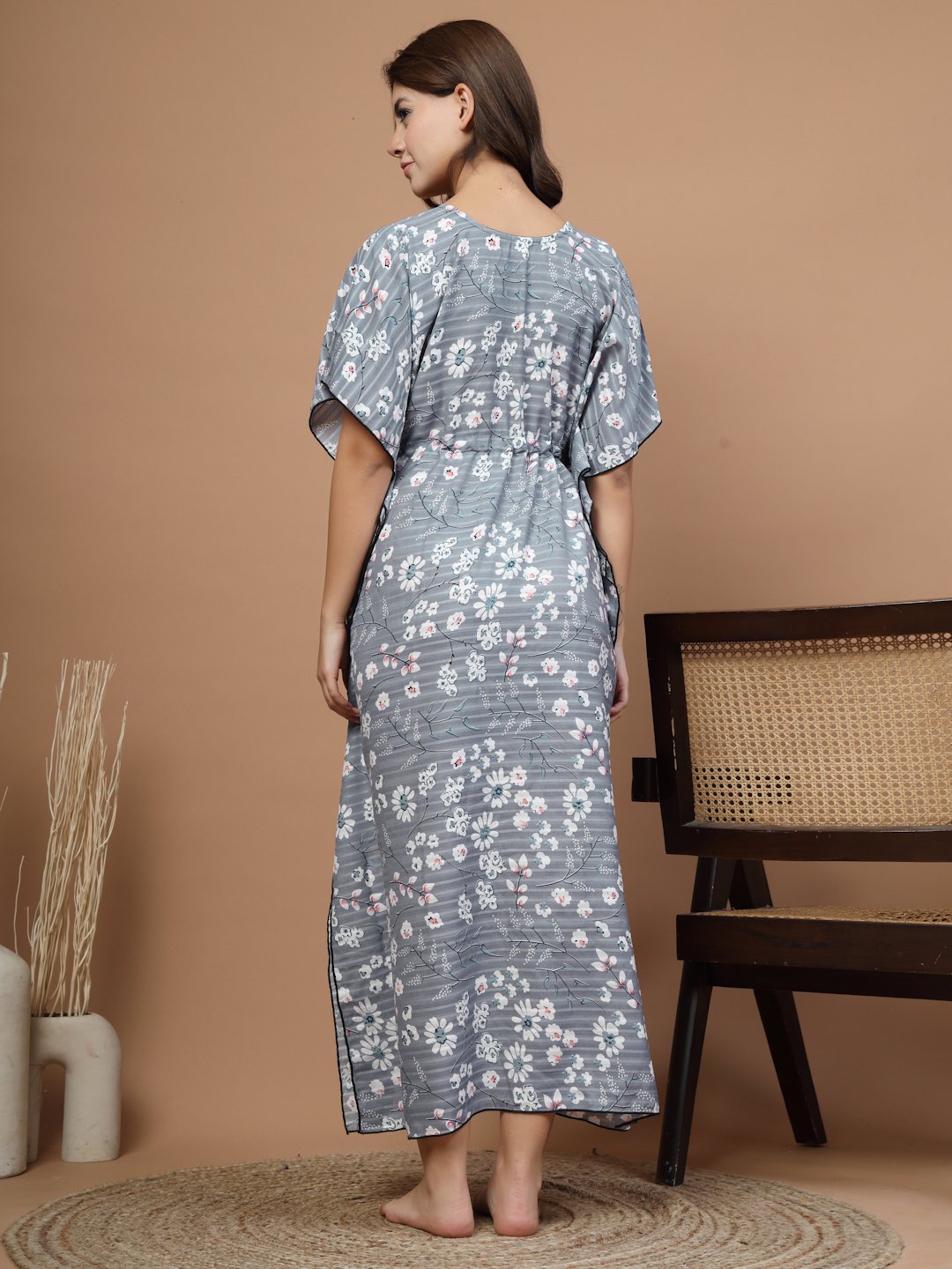 Grey Floral Cotton Blend Kaftan Maxi Nightdress