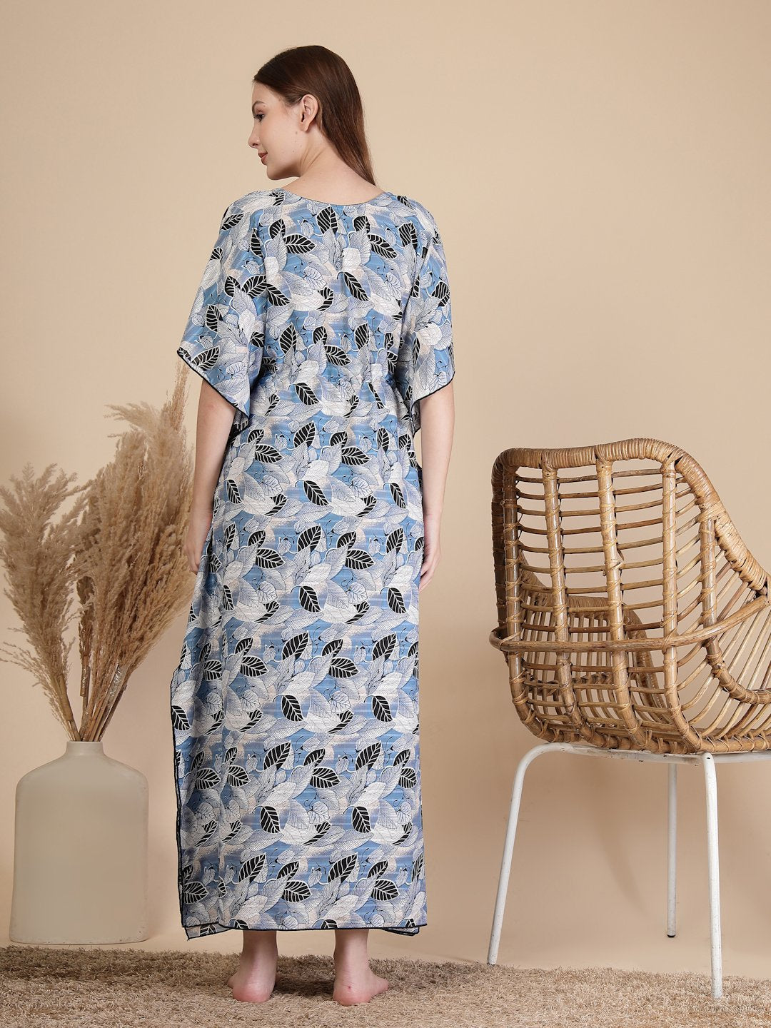 Blue Floral Cotton Blend Kaftan Maxi Nightdress