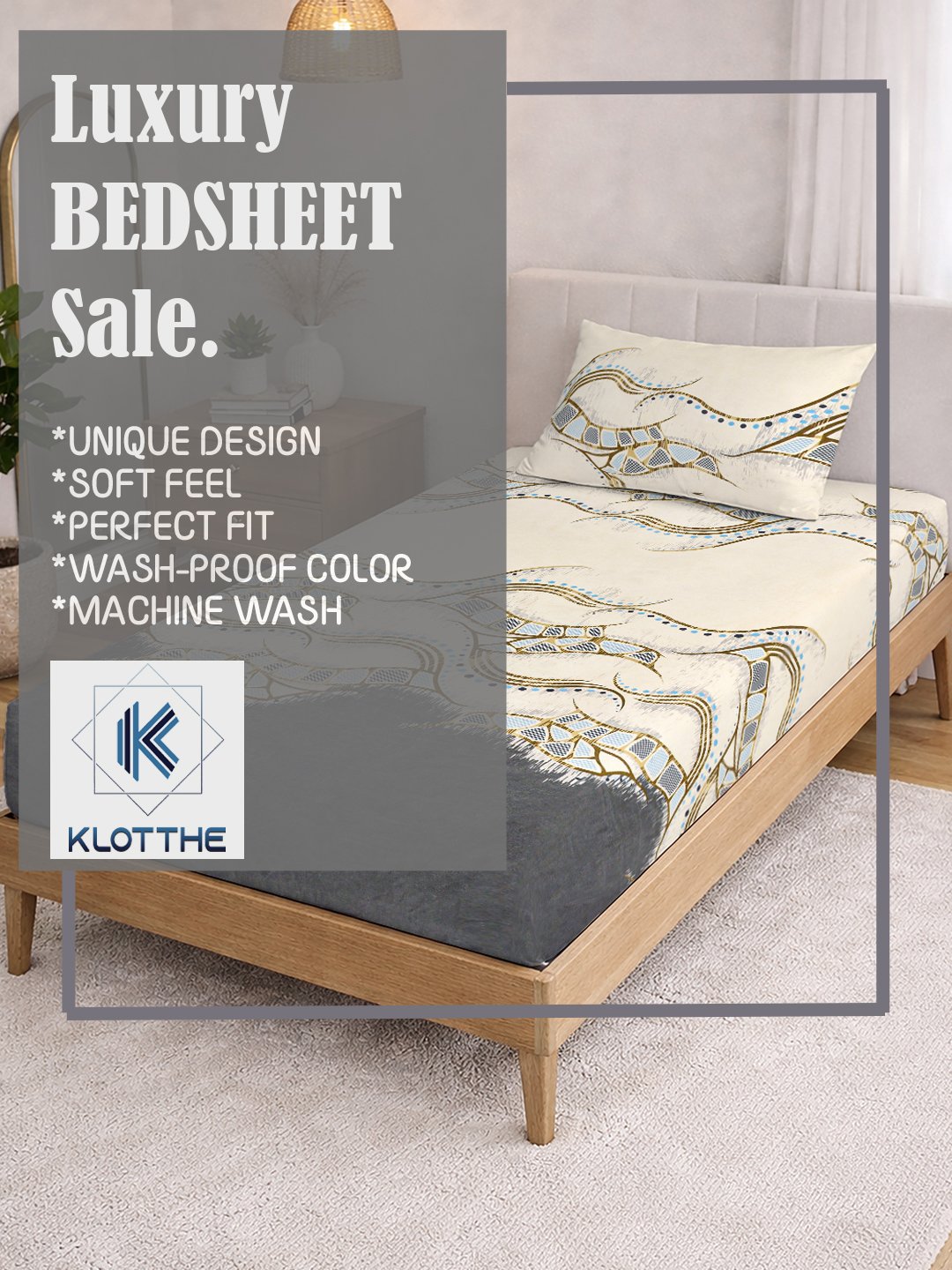 Cream Abstract Cotton Blend Fitted Single Bedsheet with Pillow Cover