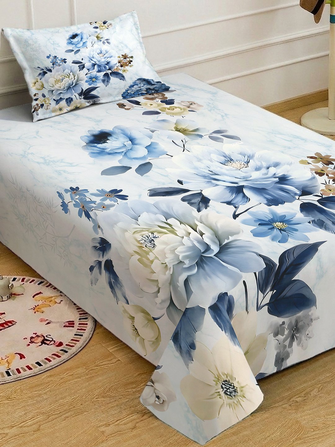 Blue Digital Floral Printed Cotton Blend Single Bedsheet with Pillow Cover