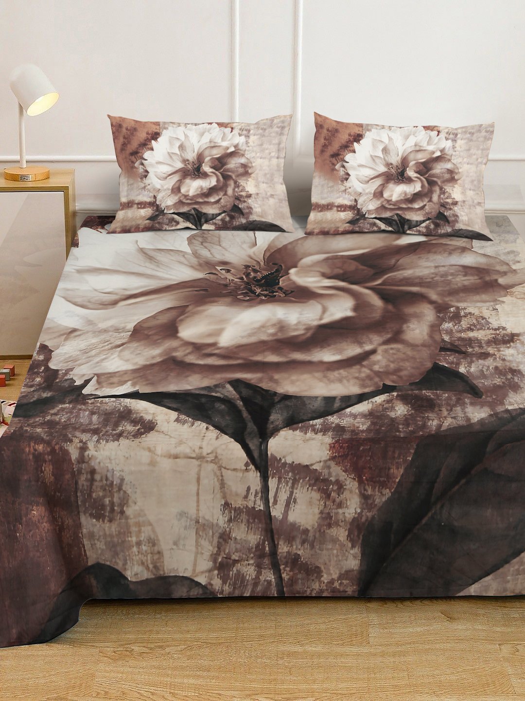 Brown 7D Floral Printed Fitted Cotton Blend Double Bedsheet with 2 Pillow Covers