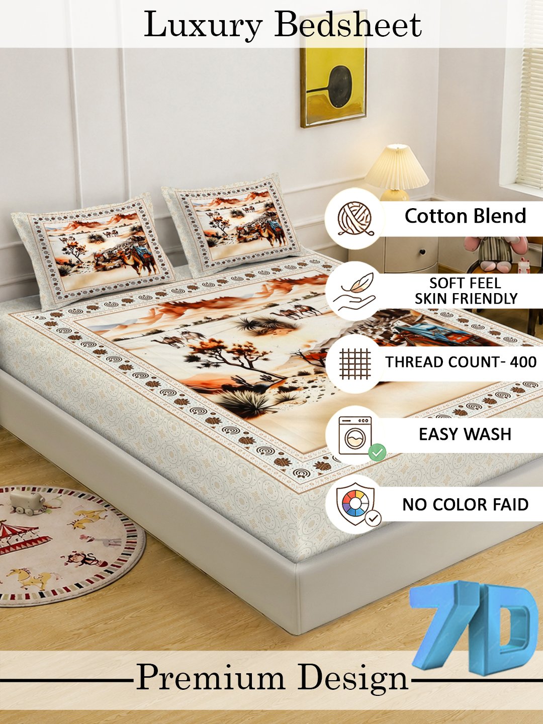 Digital Printed Cream Conversational Cotton Blend Double Bedsheet with 2 Pillow Covers