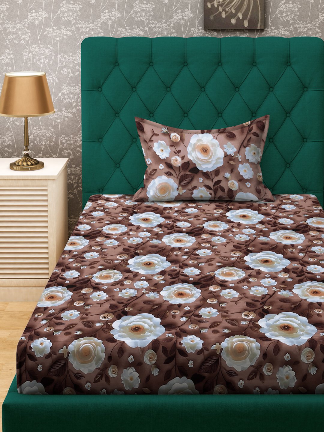 Brown Floral 7D Cotton Blend Single Bedsheet with Pillow Cover