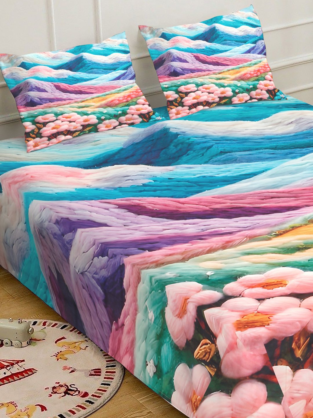 Multi Cartoon Characters 7D King Size Cotton Blend Double Bedsheet with 2 Pillow Covers