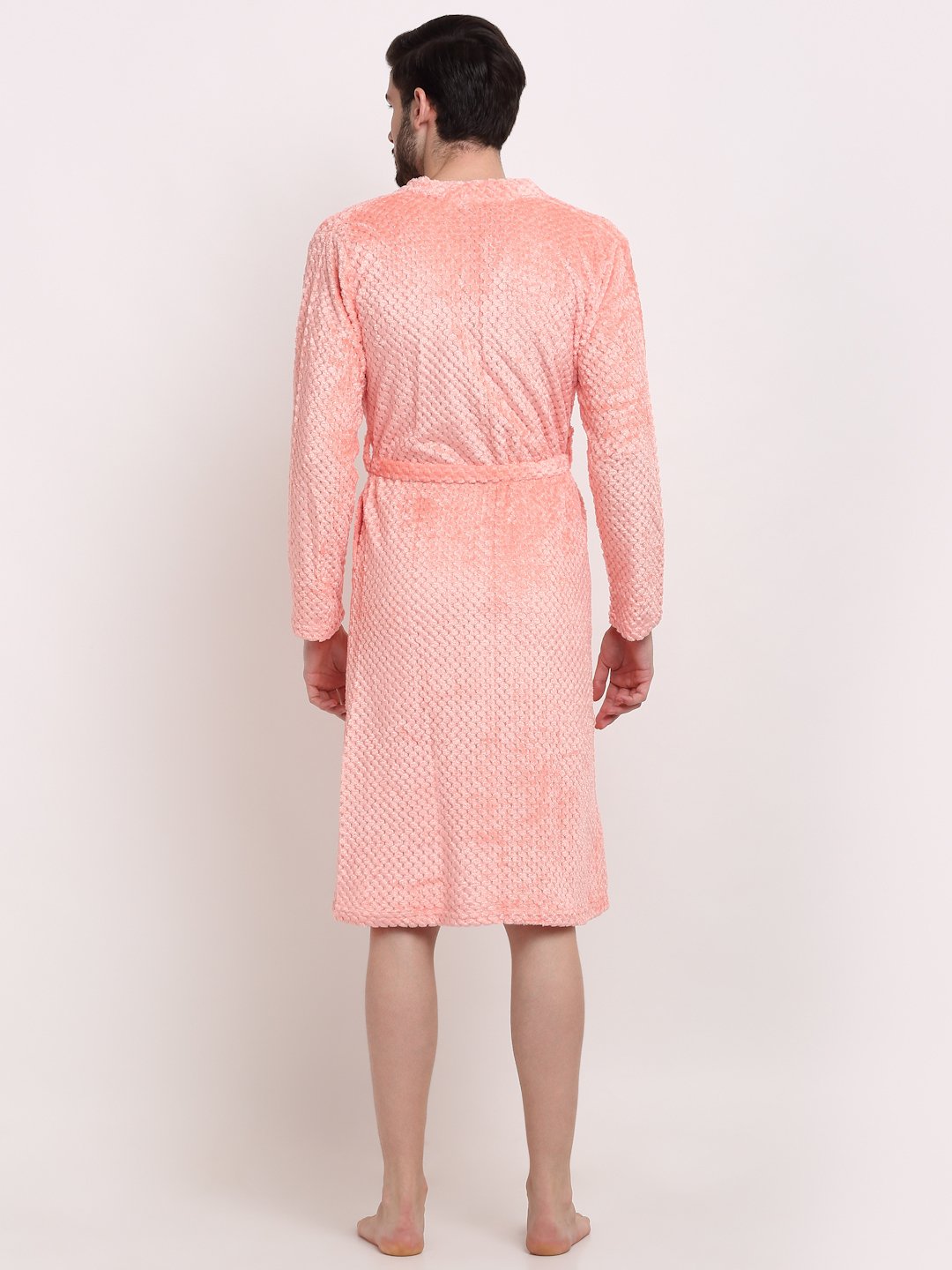 Men Orange Self Design Wool Bath Robe With Belt