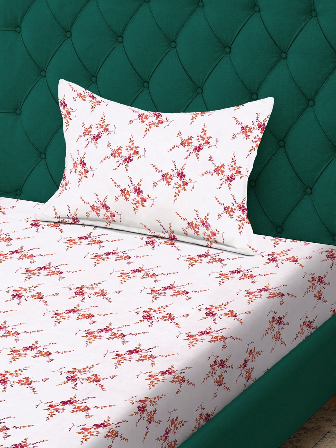 White Floral 300 TC Cotton Blend Fitted Single Bedsheet with Pillow Cover