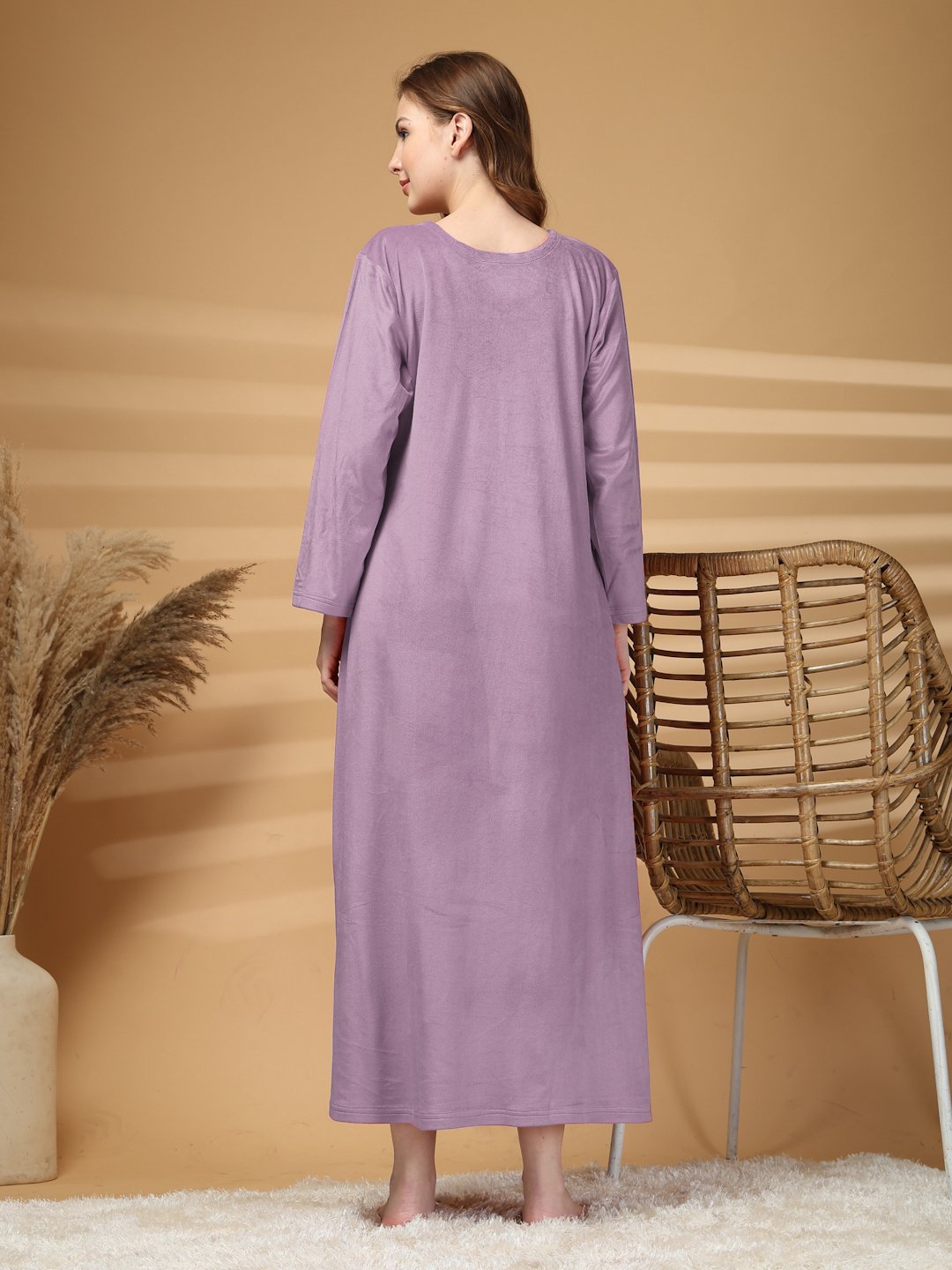 Klotthe Purple Solid Soft touch Velvet Maxi Nightdress