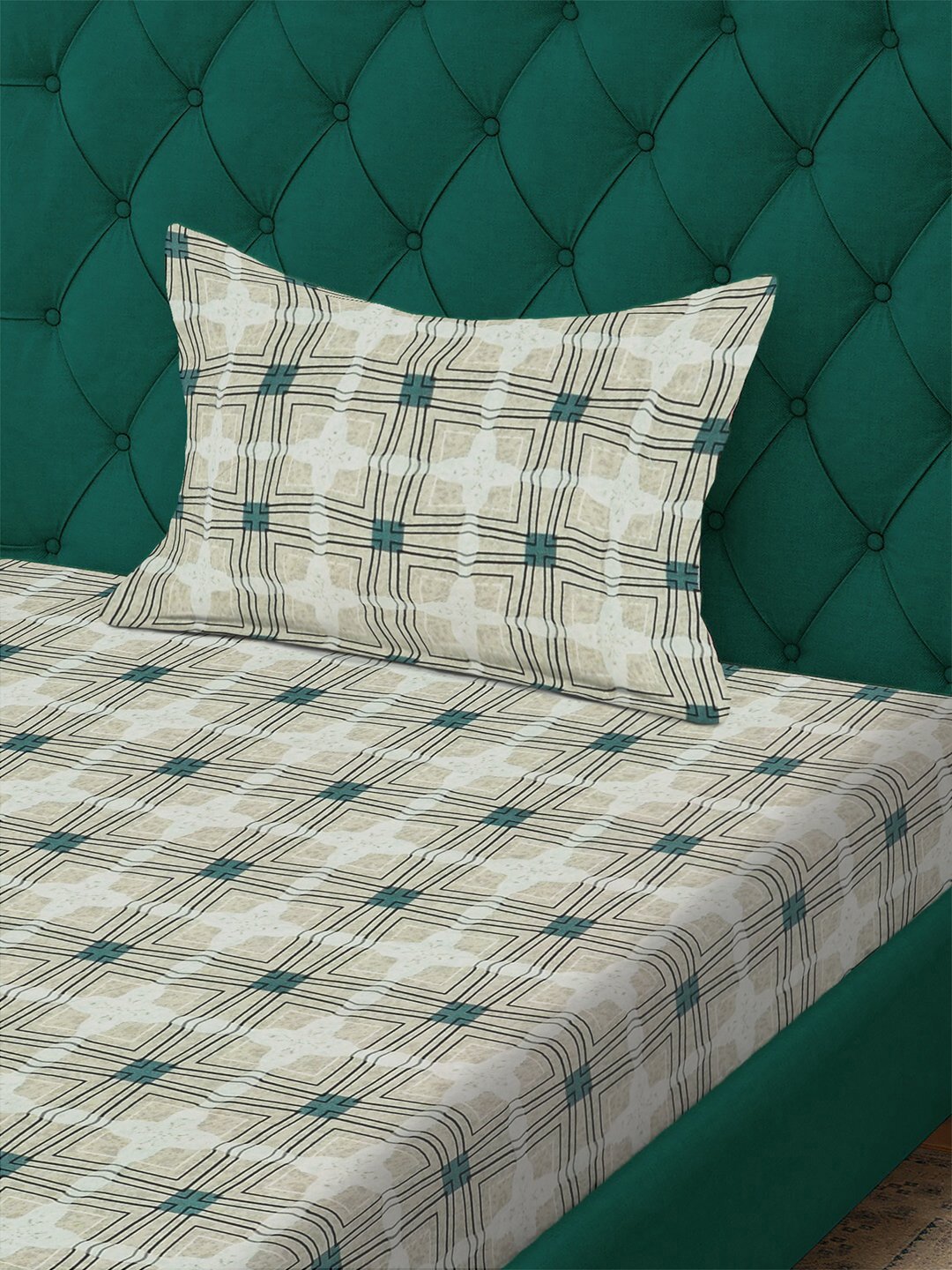 Green Geometric 300 TC Cotton Blend Fitted Single Bedsheet with Pillow Cover