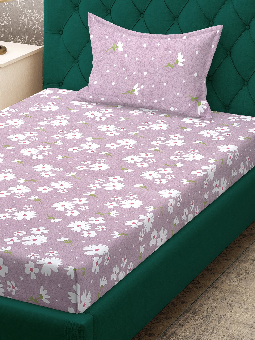 Purple Floral 300 TC Cotton Blend Single Bedsheet with Pillow Cover
