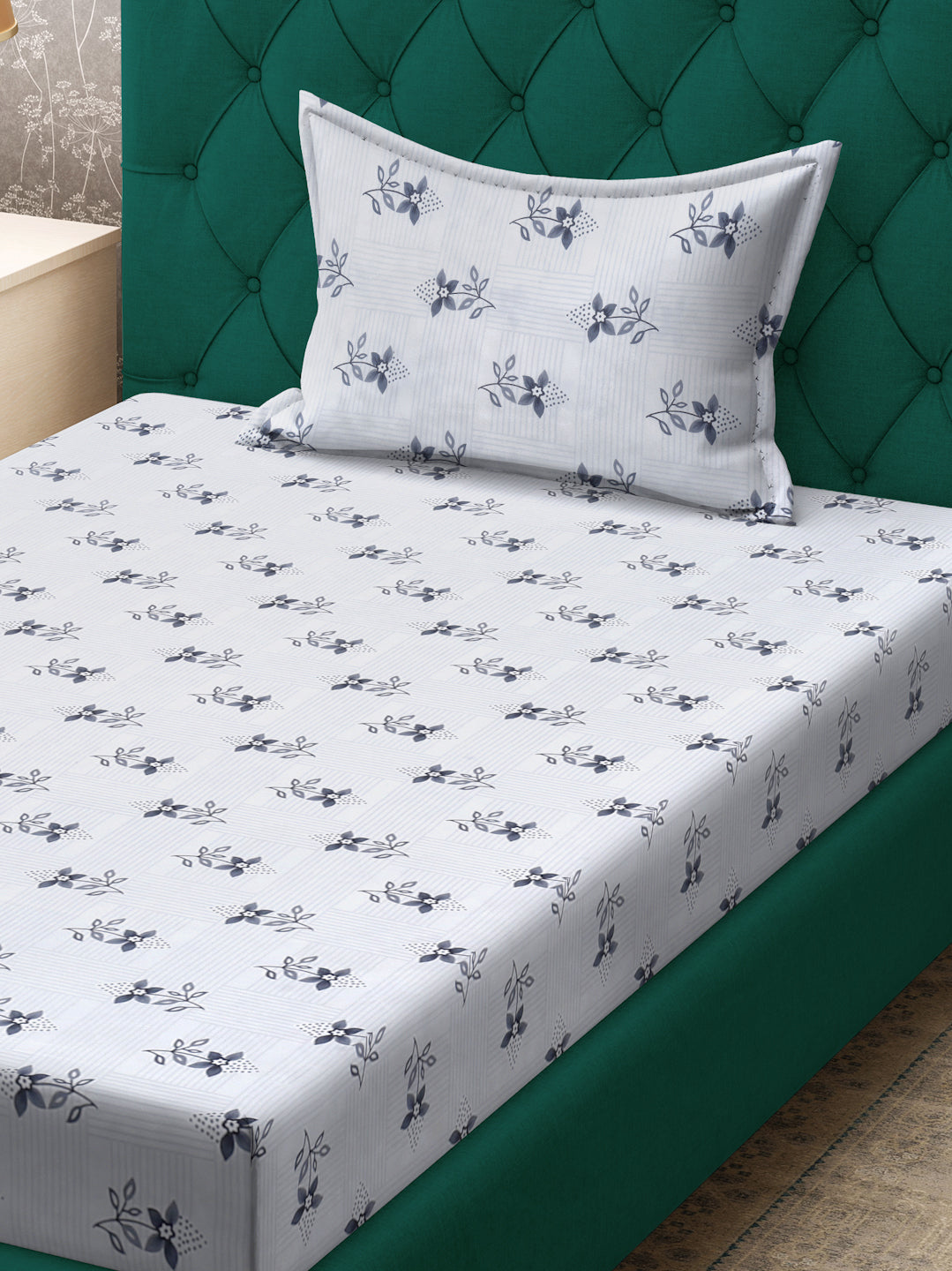 Klotthe White Floral 300 TC Cotton Blend Single Bedsheet Set in Book Fold Packing