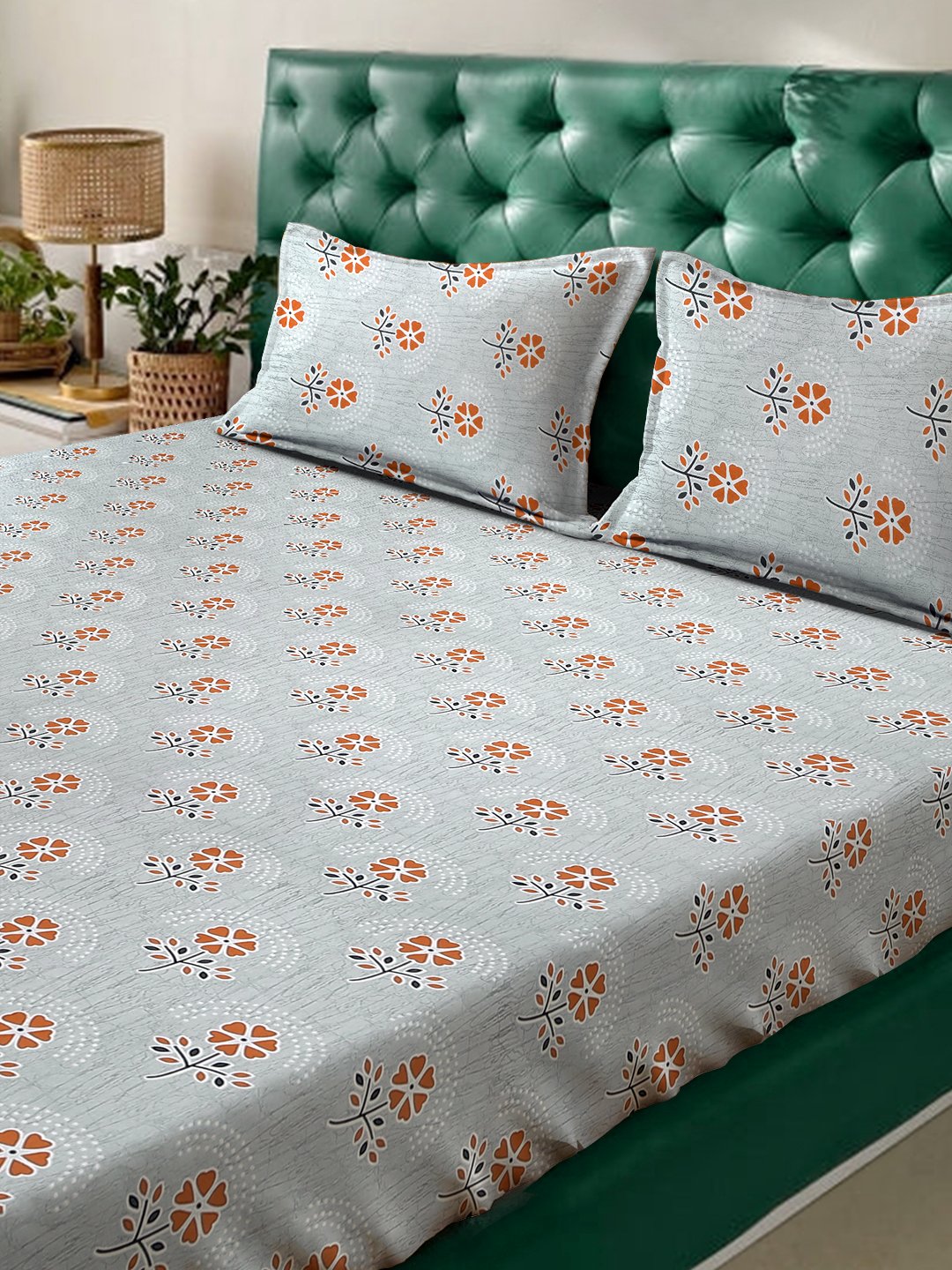 Grey Floral 400 TC Pure Cotton Double Bedsheet with 2 Pillow Covers