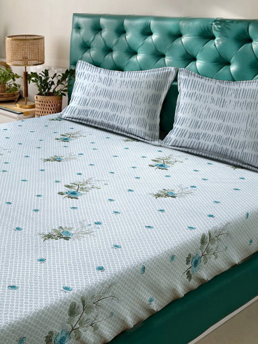 Grey Floral 400 TC Pure Cotton Double Bedsheet with 2 Pillow Covers